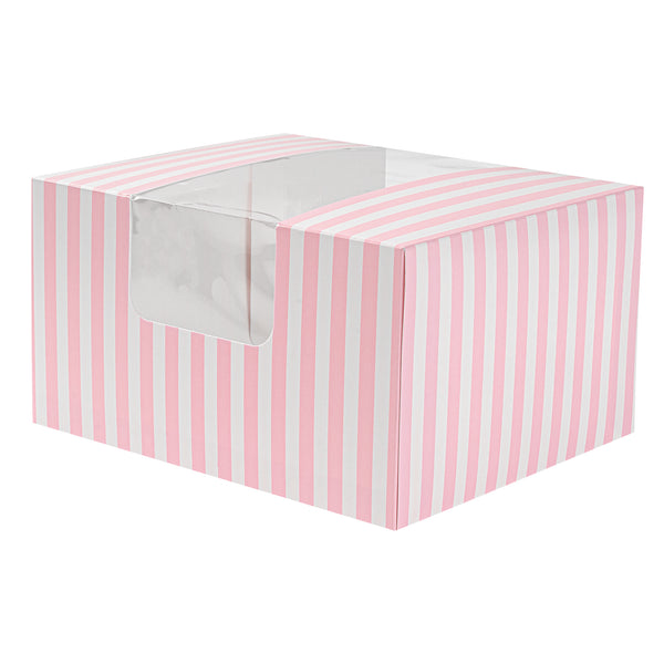 Restaurantware Pastry Tek Pink And White Stripe Paper Pastry / Cake Box - With Window - 7" X 6" X 4" - 100 Count Box