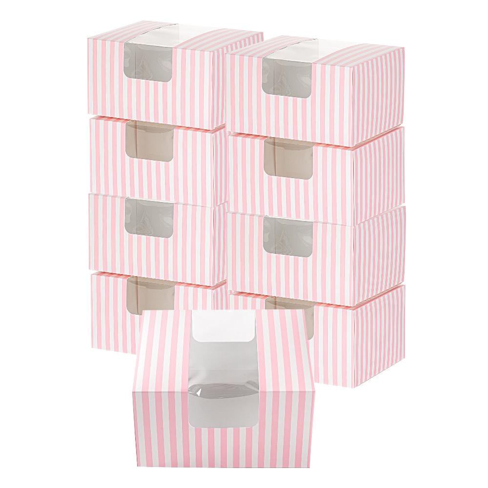restaurantware Pastry Tek Pink and White Stripe Paper Pastry / Cake Box - with Window - 7" x 6" x 4" - 100 count box