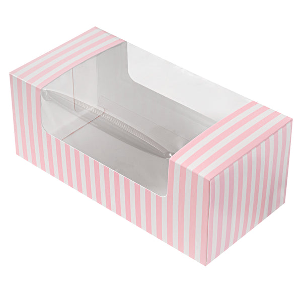 Restaurantware Pastry Tek Pink And White Stripe Paper Pastry / Cake Box - With Window - 9 3/4" X 4 3/4" X 4" - 100 Count Box