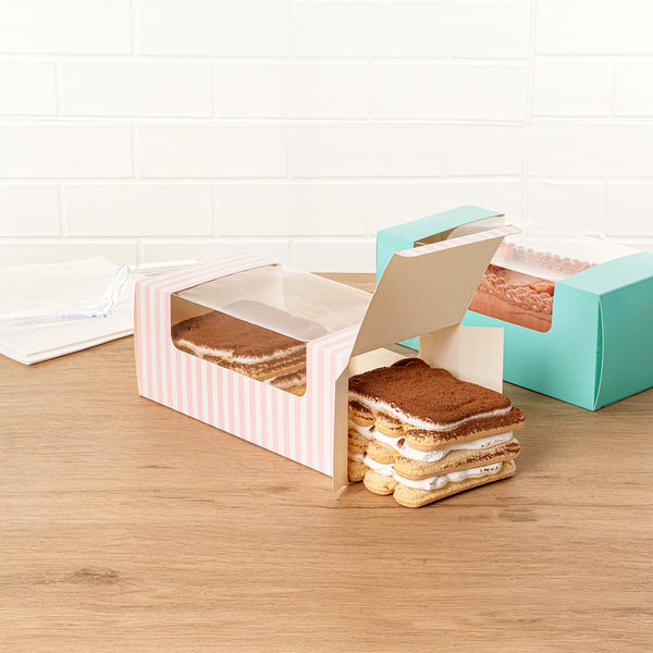Restaurantware Pastry Tek Pink And White Stripe Paper Pastry / Cake Box - With Window - 9 3/4" X 4 3/4" X 4" - 100 Count Box