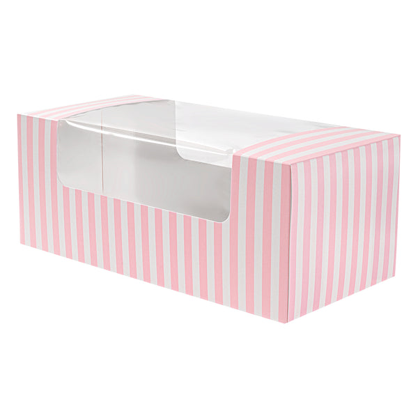 Restaurantware Pastry Tek Pink And White Stripe Paper Pastry / Cake Box - With Window - 9 3/4" X 4 3/4" X 4" - 100 Count Box
