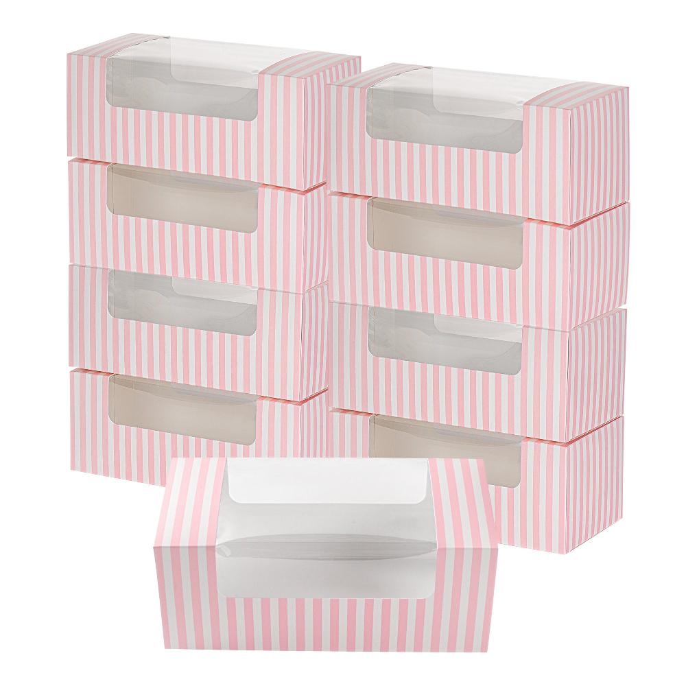 restaurantware Pastry Tek Pink and White Stripe Paper Pastry / Cake Box - with Window - 9 3/4" x 4 3/4" x 4" - 100 count box