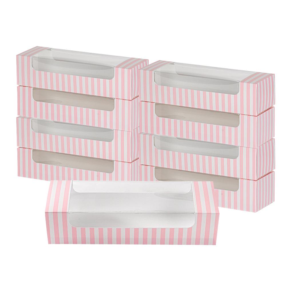 restaurantware Pastry Tek Pink and White Stripe Paper Pastry / Cake Box - with Window - 9 3/4" x 3 1/4" x 2 1/4" - 100 count box