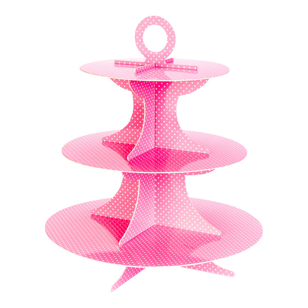 Restaurantware Pastry Tek Pink Cardboard Cupcake Stand - 3-Tier White Polka Dots - 13 1/2" X 13 1/2" X 14" - 1 Count Box