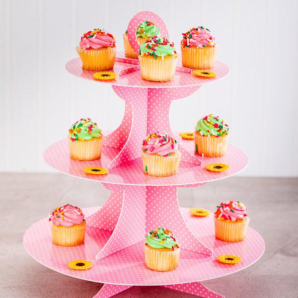 Restaurantware Pastry Tek Pink Cardboard Cupcake Stand - 3-Tier White Polka Dots - 13 1/2" X 13 1/2" X 14" - 1 Count Box