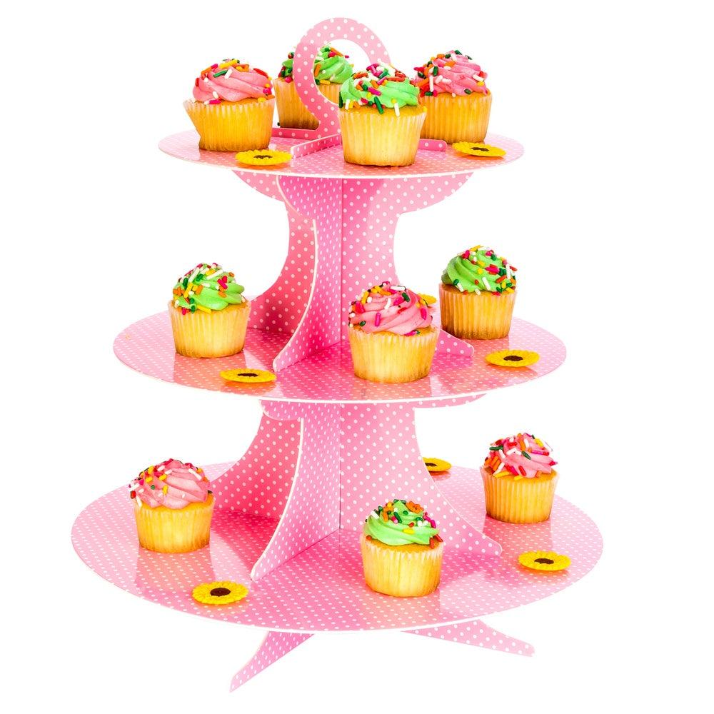 restaurantware Pastry Tek Pink Cardboard Cupcake Stand - 3-Tier White Polka Dots - 13 1/2" x 13 1/2" x 14" - 1 count box
