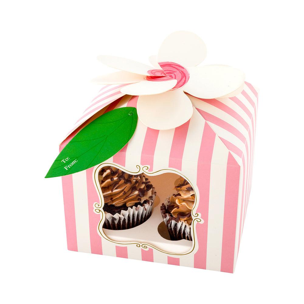 restaurantware Pastry Tek Pink Paper Flower Top Cupcake Window Gift Box - Stripes Fits 4 - 7" x 7" x 5" - 100 count box