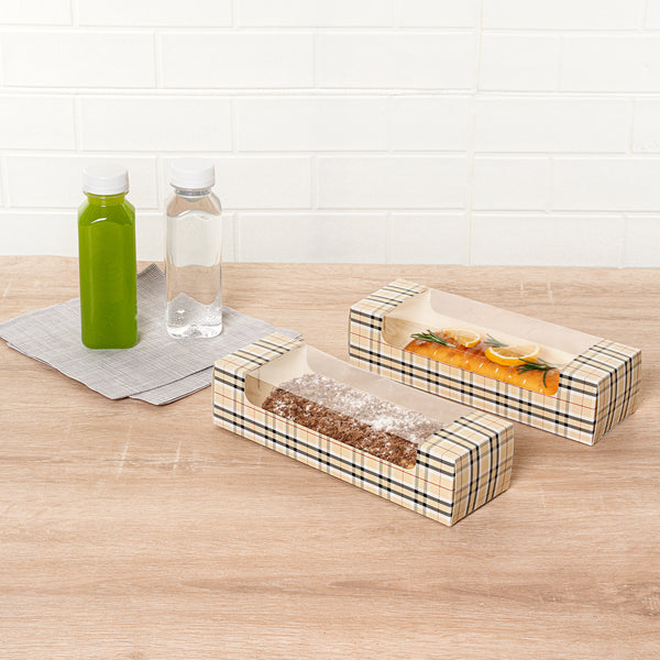 Restaurantware Pastry Tek Plaid Paper Pastry / Cake Box - With Window - 9 3/4" X 3 1/4" X 2 1/4" - 100 Count Box