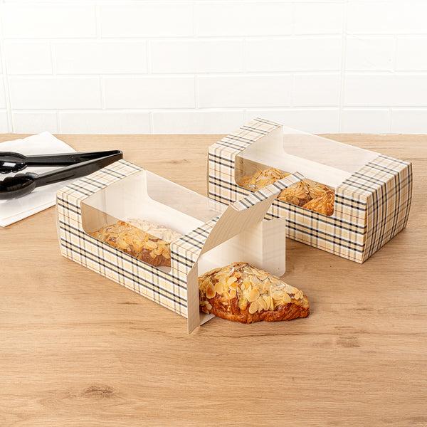 Restaurantware Pastry Tek Plaid Paper Pastry / Cake Box - With Window - 9 3/4" X 4 3/4" X 4" - 100 Count Box