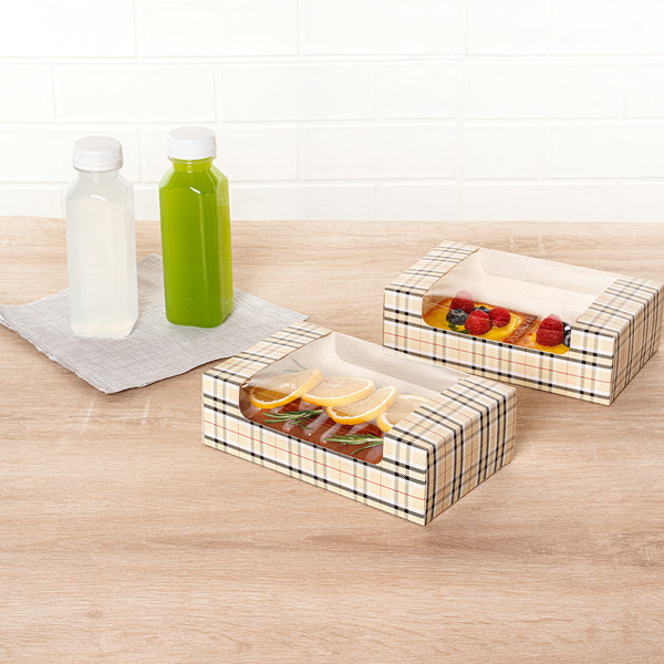 Restaurantware Pastry Tek Plaid Paper Pastry / Cake Box - With Window - 7 3/4" X 4 3/4" X 2 1/4" - 100 Count Box