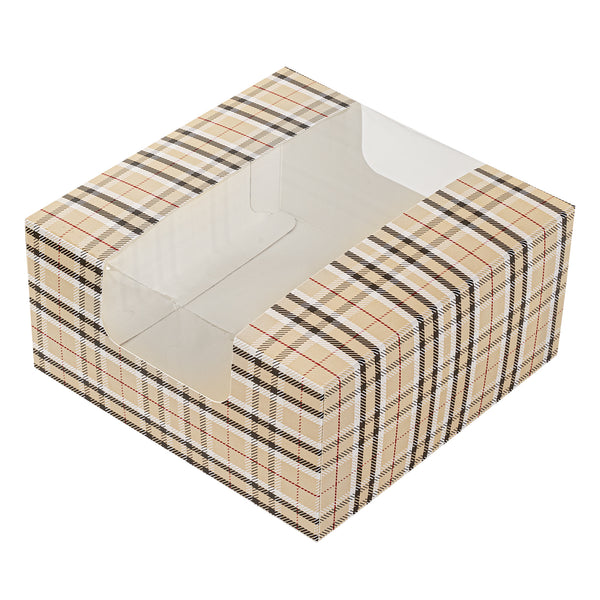 Restaurantware Pastry Tek Plaid Paper Pastry / Cake Box - With Window - 6 1/4" X 6 1/4" X 3 1/4" - 100 Count Box