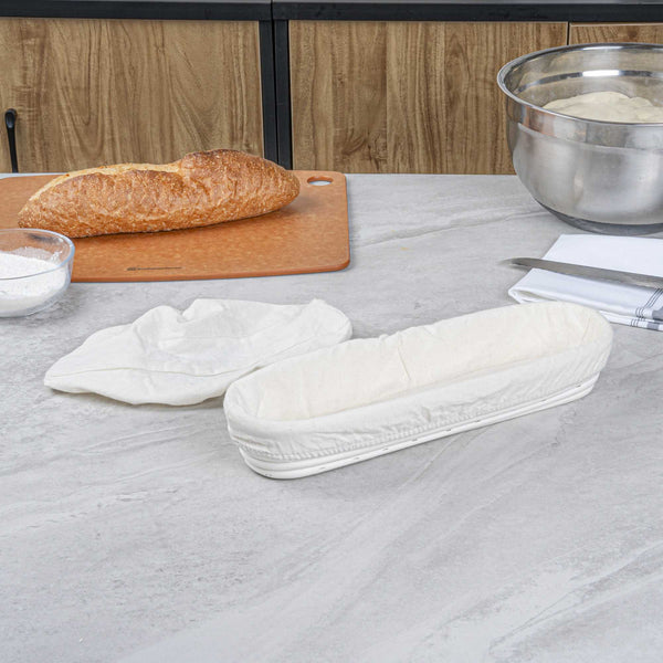 Restaurantware Pastry Tek Rattan Long Oval Natural Banneton Proofing Basket - With 2 Cotton Liners - 13 1/2" X 4" X 2 1/4" - 10 Count Box