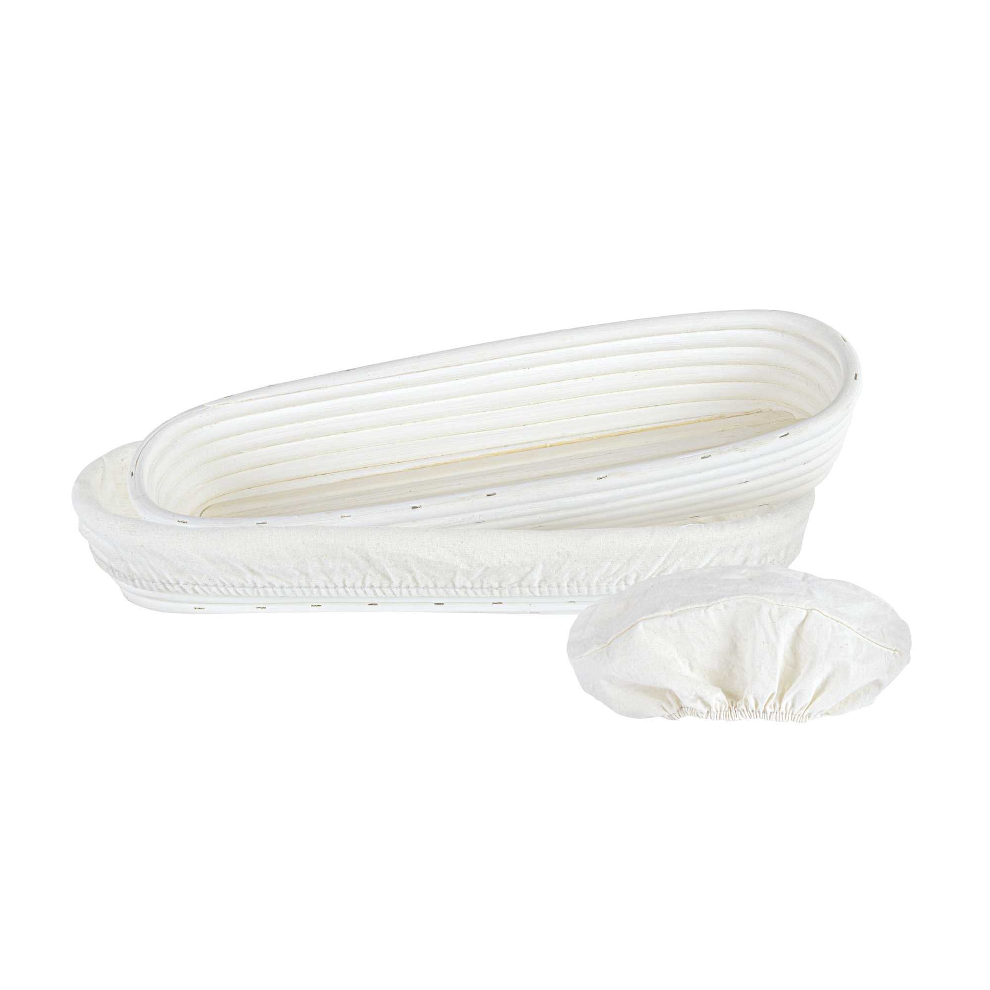 restaurantware Pastry Tek Rattan Long Oval Natural Banneton Proofing Basket - with 2 Cotton Liners - 13 1/2" x 4" x 2 1/4" - 10 count box