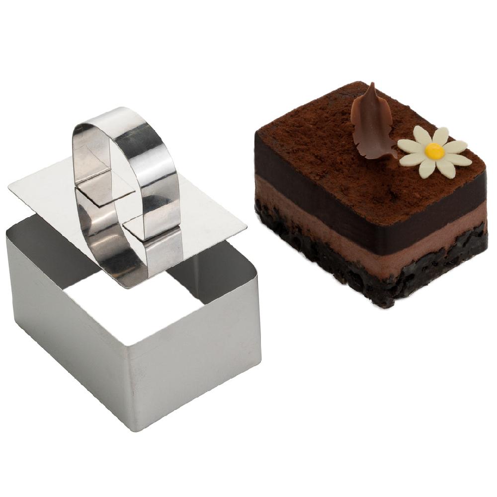 restaurantware Pastry Tek Rectangle Stainless Steel Pastry Ring Mold - with Press - 3" x 2 1/4" x 1 1/2" - 1 count box