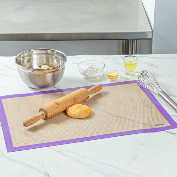 Restaurantware Pastry Tek Rectangle Tan And Purple Silicone Full Size Baking Mat - Allergen Safe Color-Coded - 15 3/4" X 23 1/2" - 1 Count Box