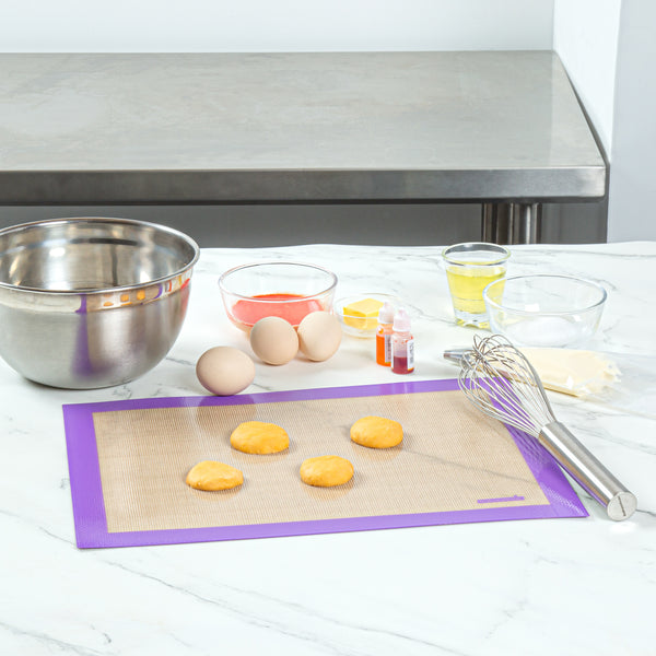 Restaurantware Pastry Tek Rectangle Tan And Purple Silicone Half Size Baking Mat - Allergen Safe Color-Coded - 11 3/4" X 15 3/4" - 1 Count Box