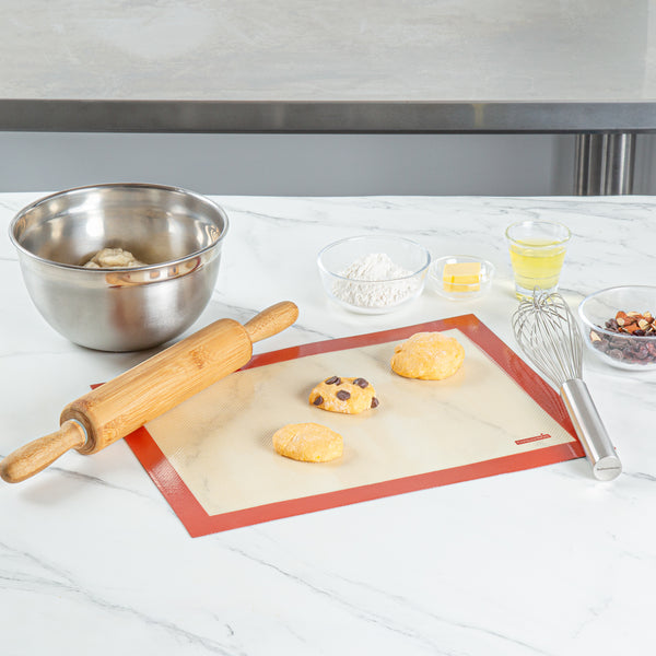 Restaurantware Pastry Tek Rectangle Tan And Red Silicone Half Size Baking Mat - Ultra Durable - 11 3/4" X 15 3/4" - 1 Count Box