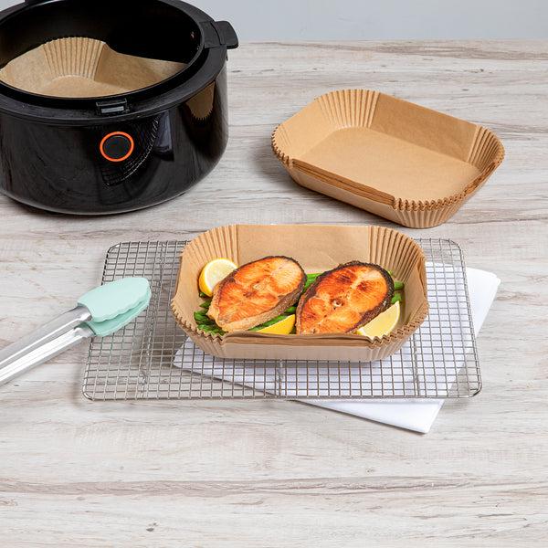 Restaurantware Pastry Tek Rectangle Unbleached Air Fryer Liner / Parchment Paper - Silicone Coated - 8" X 5 1/2" X 1 3/4" - 100 Count Box