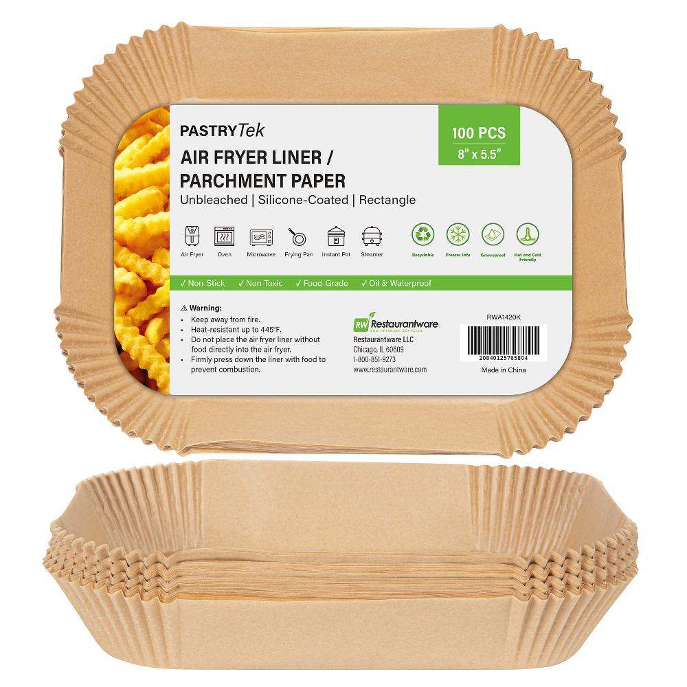restaurantware Pastry Tek Rectangle Unbleached Air Fryer Liner / Parchment Paper - Silicone Coated - 8" x 5 1/2" x 1 3/4" - 100 count box