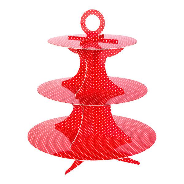 Restaurantware Pastry Tek Red Cardboard Cupcake Stand - 3 Tier White Polka Dots - 13 1/2" X 13 1/2" X 14" - 1 Count Box