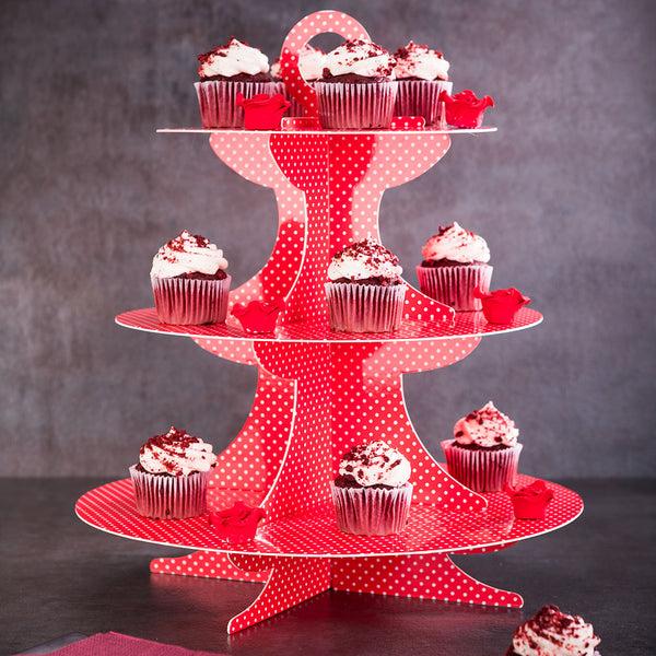 Restaurantware Pastry Tek Red Cardboard Cupcake Stand - 3 Tier White Polka Dots - 13 1/2" X 13 1/2" X 14" - 1 Count Box