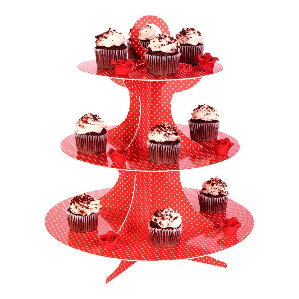 restaurantware Pastry Tek Red Cardboard Cupcake Stand - 3 Tier White Polka Dots - 13 1/2" x 13 1/2" x 14" - 1 count box