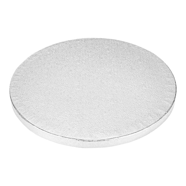 Restaurantware Pastry Tek Round Metallic Silver Cardboard Cake Drum Board - Covered Edge - 8" X 8" X 1/2" - 1 Count Box