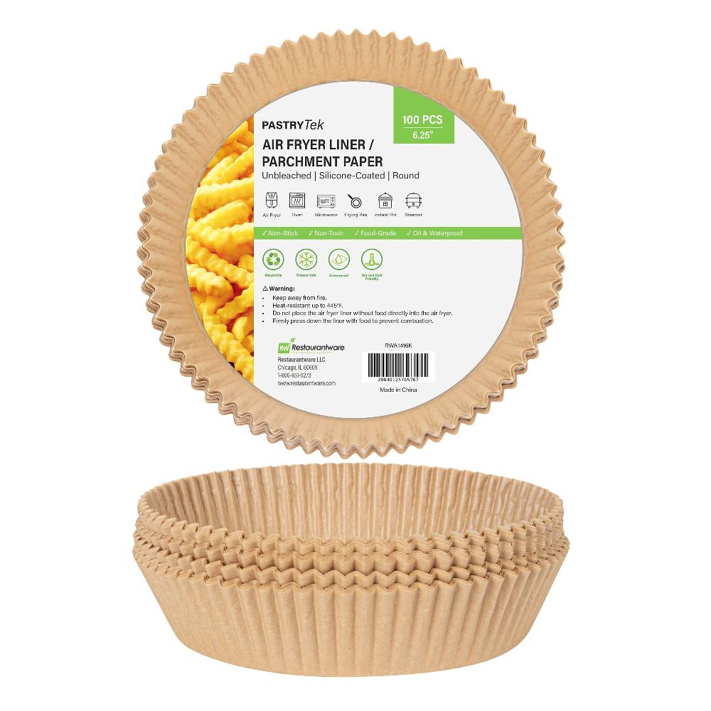 restaurantware Pastry Tek Round Unbleached Air Fryer Liner / Parchment Paper - Silicone Coated - 6 1/4" x 6 1/4" x 1 3/4" - 100 count box