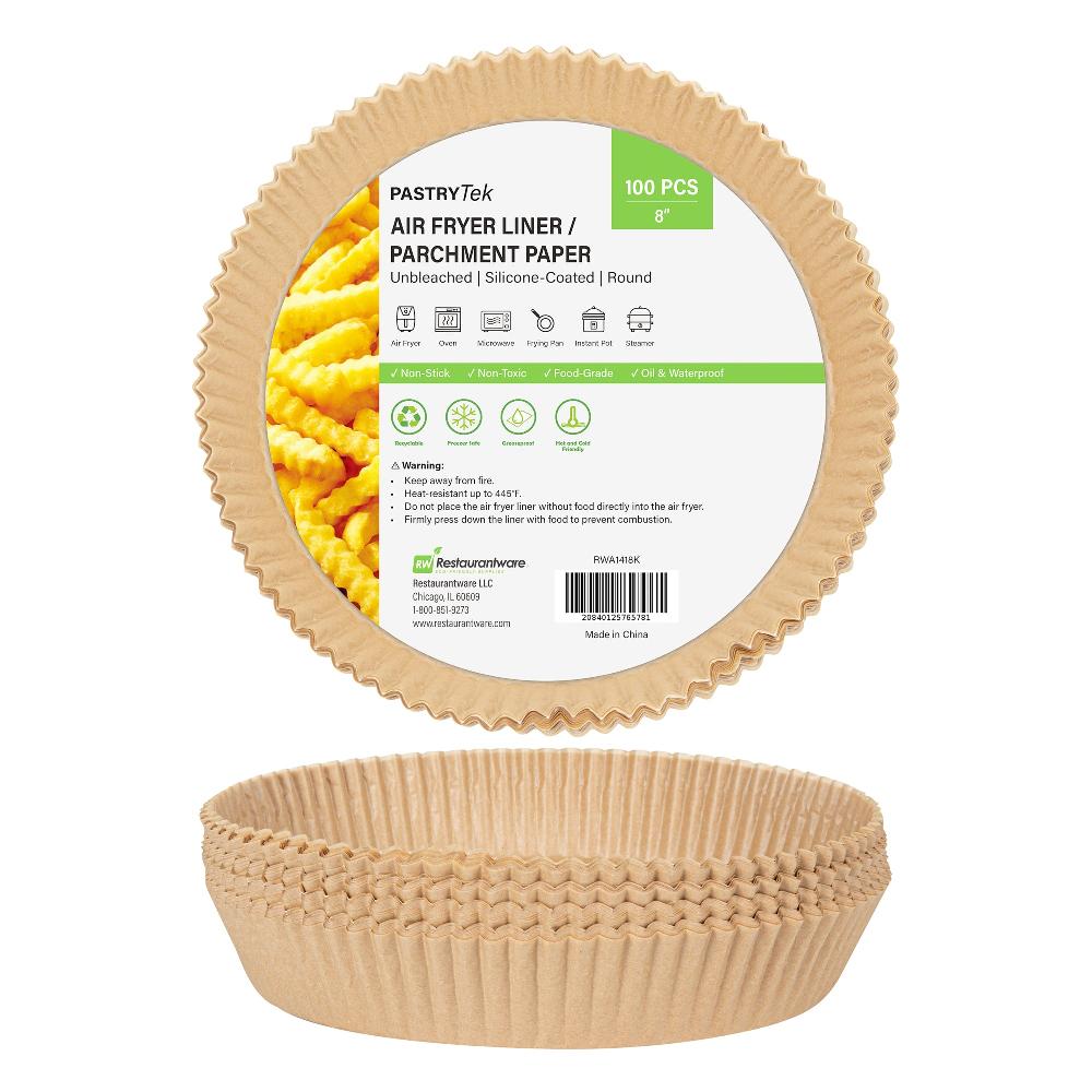 restaurantware Pastry Tek Round Unbleached Air Fryer Liner / Parchment Paper - Silicone Coated - 8" x 8" x 1 3/4" - 100 count box