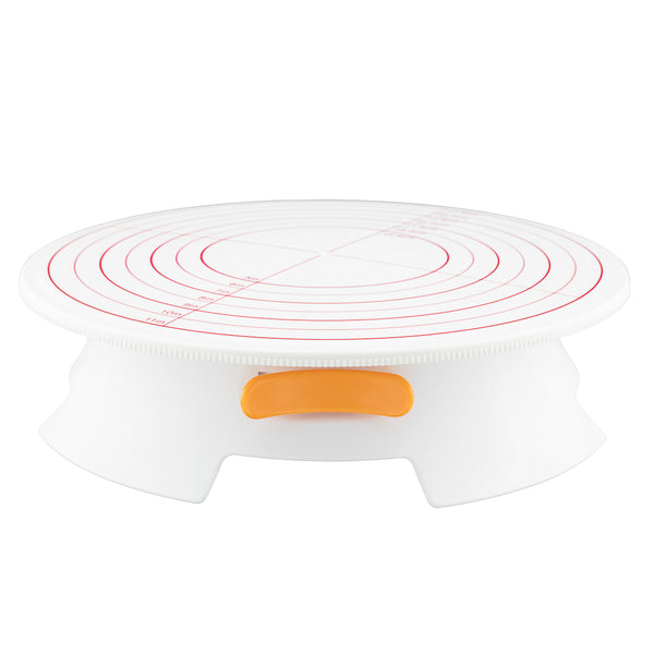 Restaurantware Pastry Tek Round White Plastic Revolving Cake Stand / Turntable - With Non-Slip Base Silicone Piping Bag Set - 12" - 1 Count Box