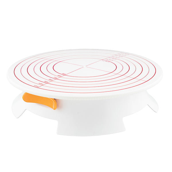 Restaurantware Pastry Tek Round White Plastic Revolving Cake Stand / Turntable - With Non-Slip Base Silicone Piping Bag Set - 12" - 1 Count Box
