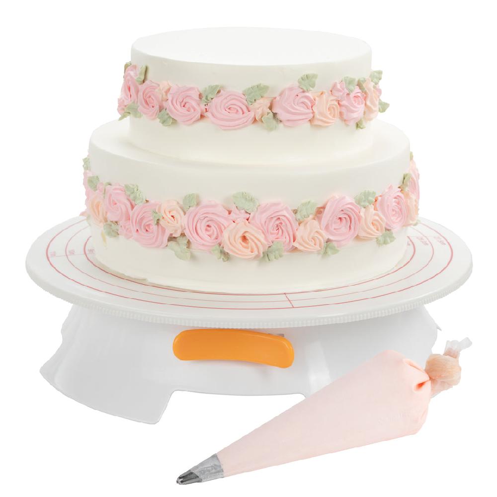 restaurantware Pastry Tek Round White Plastic Revolving Cake Stand / Turntable - with Non-Slip Base Silicone Piping Bag Set - 12" - 1 count box