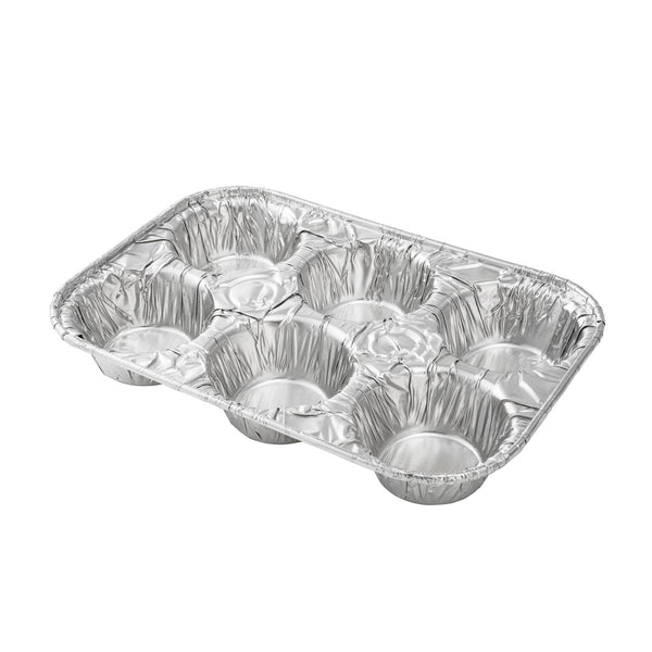 Restaurantware Pastry Tek Silver Aluminum Cupcake / Muffin Pan - 6-Compartment - 9 1/2" X 6 1/2" X 1 1/2" - 25 Count Box
