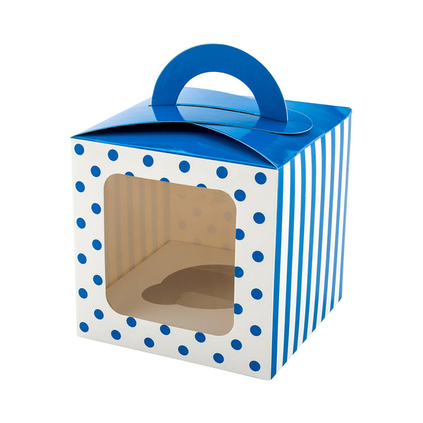 Restaurantware Pastry Tek Square Blue Paper Cupcake Window Box - Polka Dots Fits 1 - 4 1/2" X 4 1/2" X 4 1/2" - 100 Count Box
