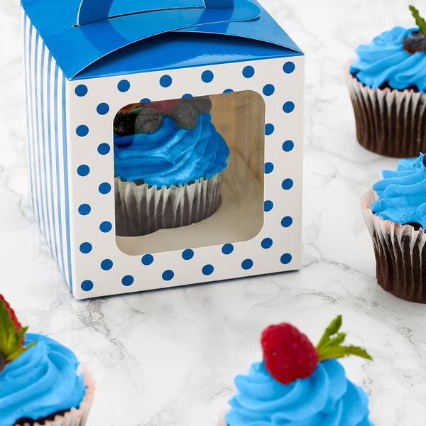 Restaurantware Pastry Tek Square Blue Paper Cupcake Window Box - Polka Dots Fits 1 - 4 1/2" X 4 1/2" X 4 1/2" - 100 Count Box