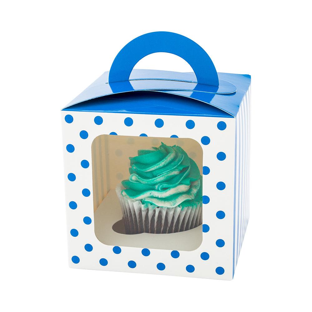 restaurantware Pastry Tek Square Blue Paper Cupcake Window Box - Polka Dots Fits 1 - 4 1/2" x 4 1/2" x 4 1/2" - 100 count box