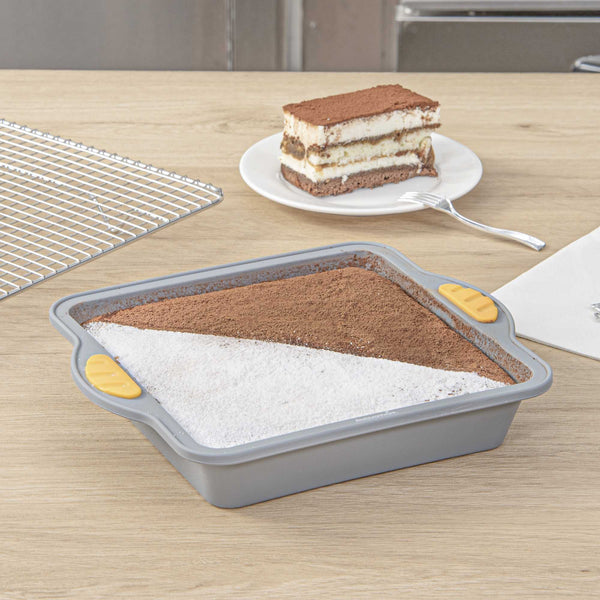 Restaurantware Pastry Tek Square Gray Silicone Cake Pan - Non-Stick With Handles - 9 3/4" X 8 1/2" X 1 3/4" - 10 Count Box