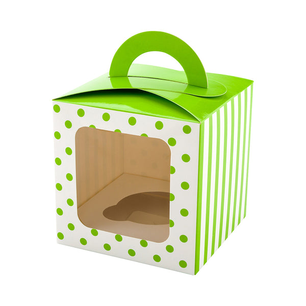 Restaurantware Pastry Tek Square Green Paper Cupcake Window Box - Polka Dot Fits 1 - 4 1/2" X 4 1/2" X 4 1/2" - 100 Count Box