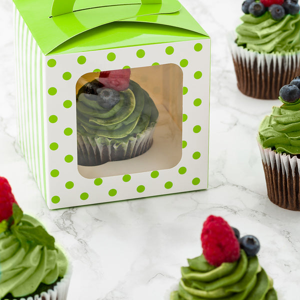 Restaurantware Pastry Tek Square Green Paper Cupcake Window Box - Polka Dot Fits 1 - 4 1/2" X 4 1/2" X 4 1/2" - 100 Count Box