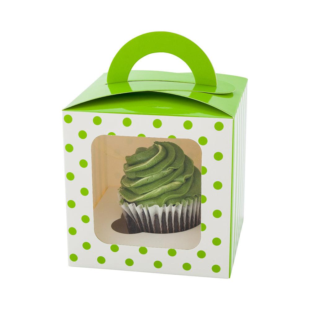 restaurantware Pastry Tek Square Green Paper Cupcake Window Box - Polka Dot Fits 1 - 4 1/2" x 4 1/2" x 4 1/2" - 100 count box