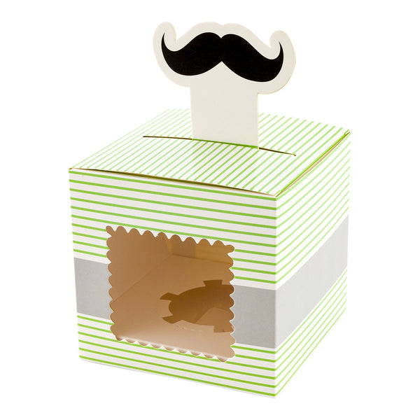 Restaurantware Pastry Tek Square Green Paper Moustache Cupcake Window Box - Gray Stripe Fits 1 - 4" X 4" X 4" - 100 Count Box