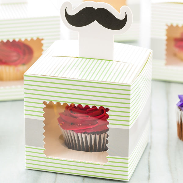 Restaurantware Pastry Tek Square Green Paper Moustache Cupcake Window Box - Gray Stripe Fits 1 - 4" X 4" X 4" - 100 Count Box