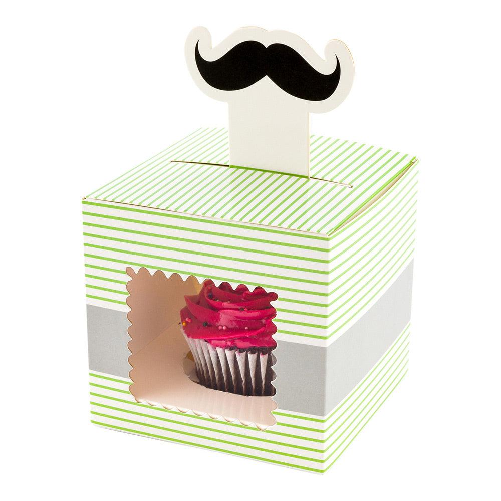 restaurantware Pastry Tek Square Green Paper Moustache Cupcake Window Box - Gray Stripe Fits 1 - 4" x 4" x 4" - 100 count box