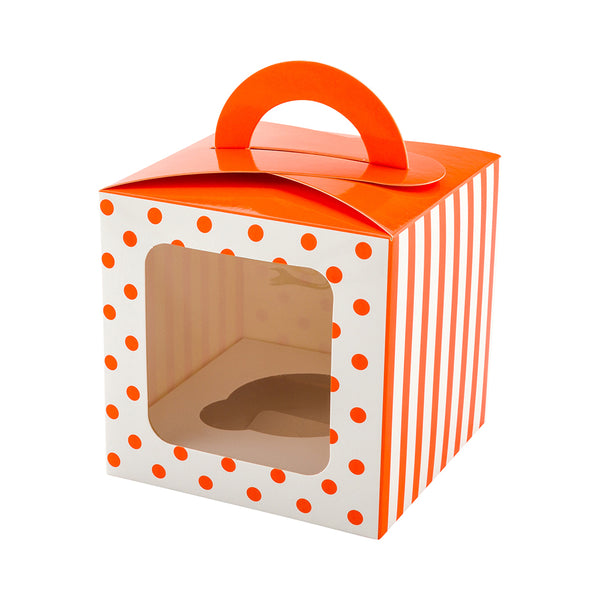 Restaurantware Pastry Tek Square Orange Paper Cupcake Window Box - Polka Dots Fits 1 - 4 1/2" X 4 1/2" X 4 1/2" - 100 Count Box