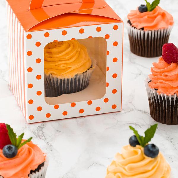 Restaurantware Pastry Tek Square Orange Paper Cupcake Window Box - Polka Dots Fits 1 - 4 1/2" X 4 1/2" X 4 1/2" - 100 Count Box