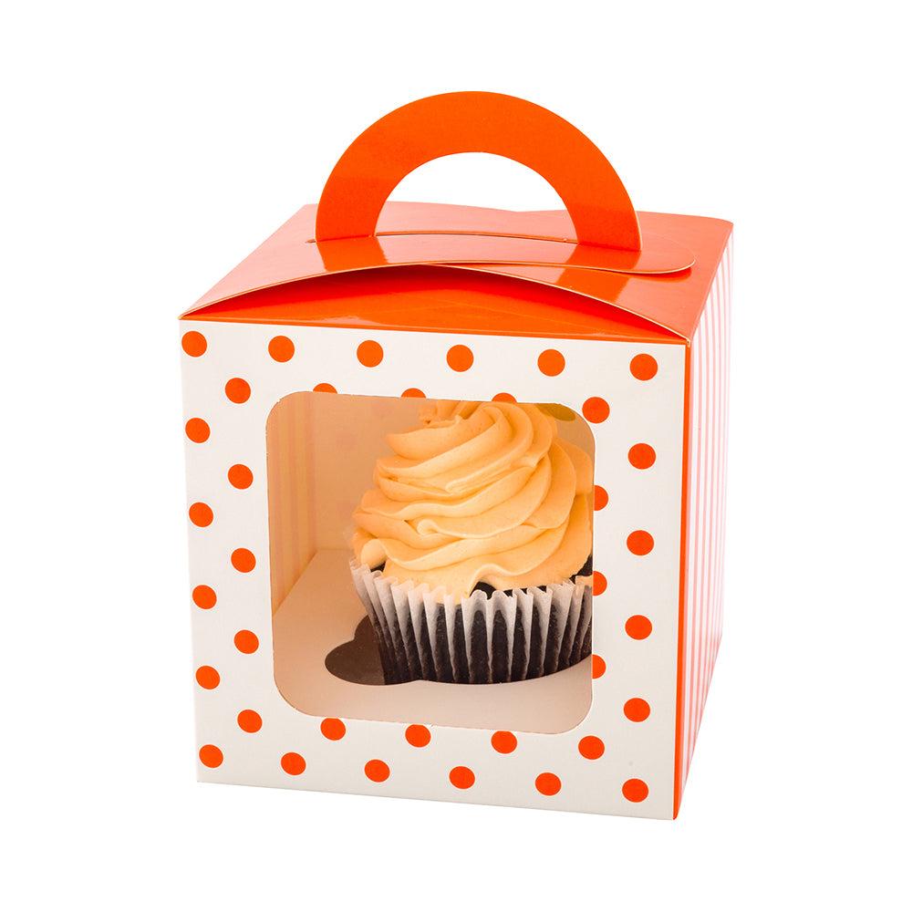 restaurantware Pastry Tek Square Orange Paper Cupcake Window Box - Polka Dots Fits 1 - 4 1/2" x 4 1/2" x 4 1/2" - 100 count box