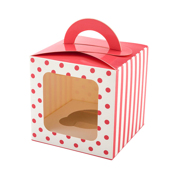 Restaurantware Pastry Tek Square Pink Paper Cupcake Window Box - Polka Dots Fits 1 - 4 1/2" X 4 1/2" X 4 1/2" - 100 Count Box
