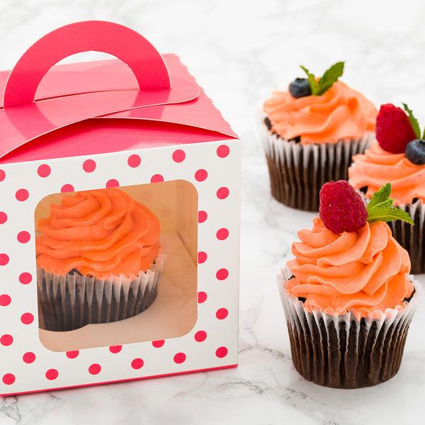 Restaurantware Pastry Tek Square Pink Paper Cupcake Window Box - Polka Dots Fits 1 - 4 1/2" X 4 1/2" X 4 1/2" - 100 Count Box