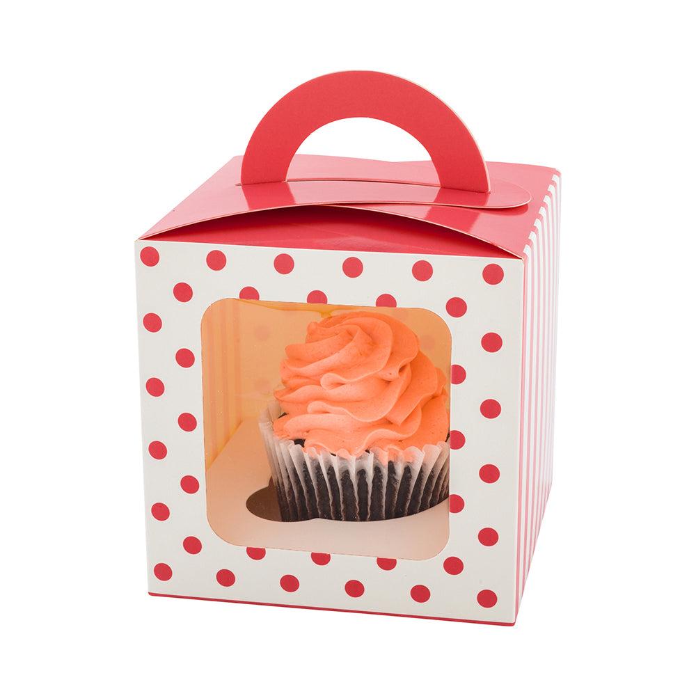 restaurantware Pastry Tek Square Pink Paper Cupcake Window Box - Polka Dots Fits 1 - 4 1/2" x 4 1/2" x 4 1/2" - 100 count box