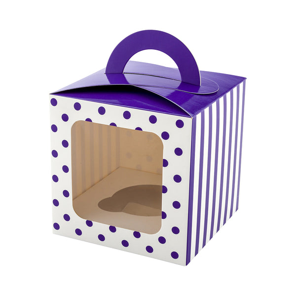 Restaurantware Pastry Tek Square Purple Paper Cupcake Window Box - Polka Dots Fits 1 - 4 1/2" X 4 1/2" X 4 1/2" - 100 Count Box